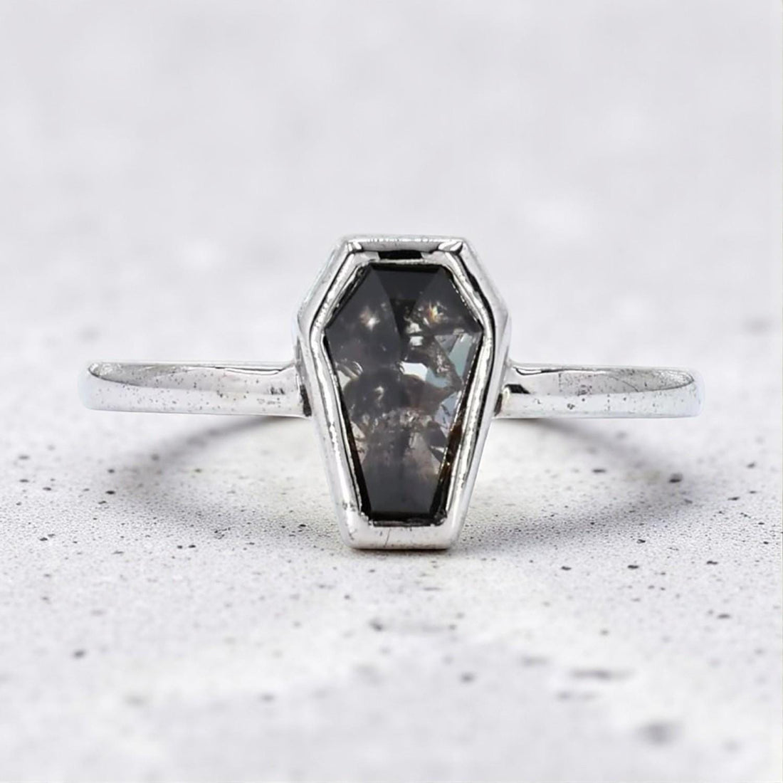Grey Salt And Pepper 14K Rose Solid Gold Coffin Natural Diamond For Wedding Ring