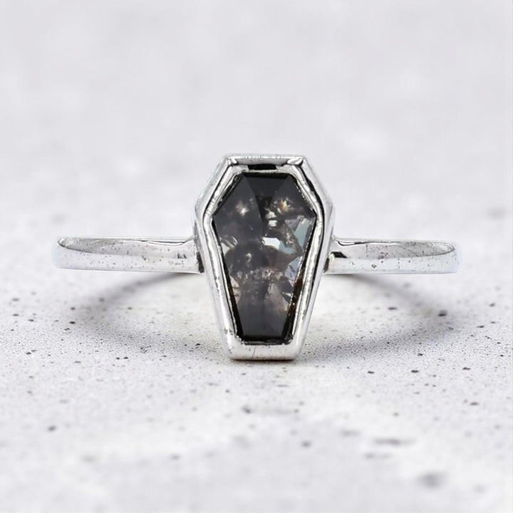 Grey Salt And Pepper 14K Rose Solid Gold Coffin Natural Diamond For Wedding Ring