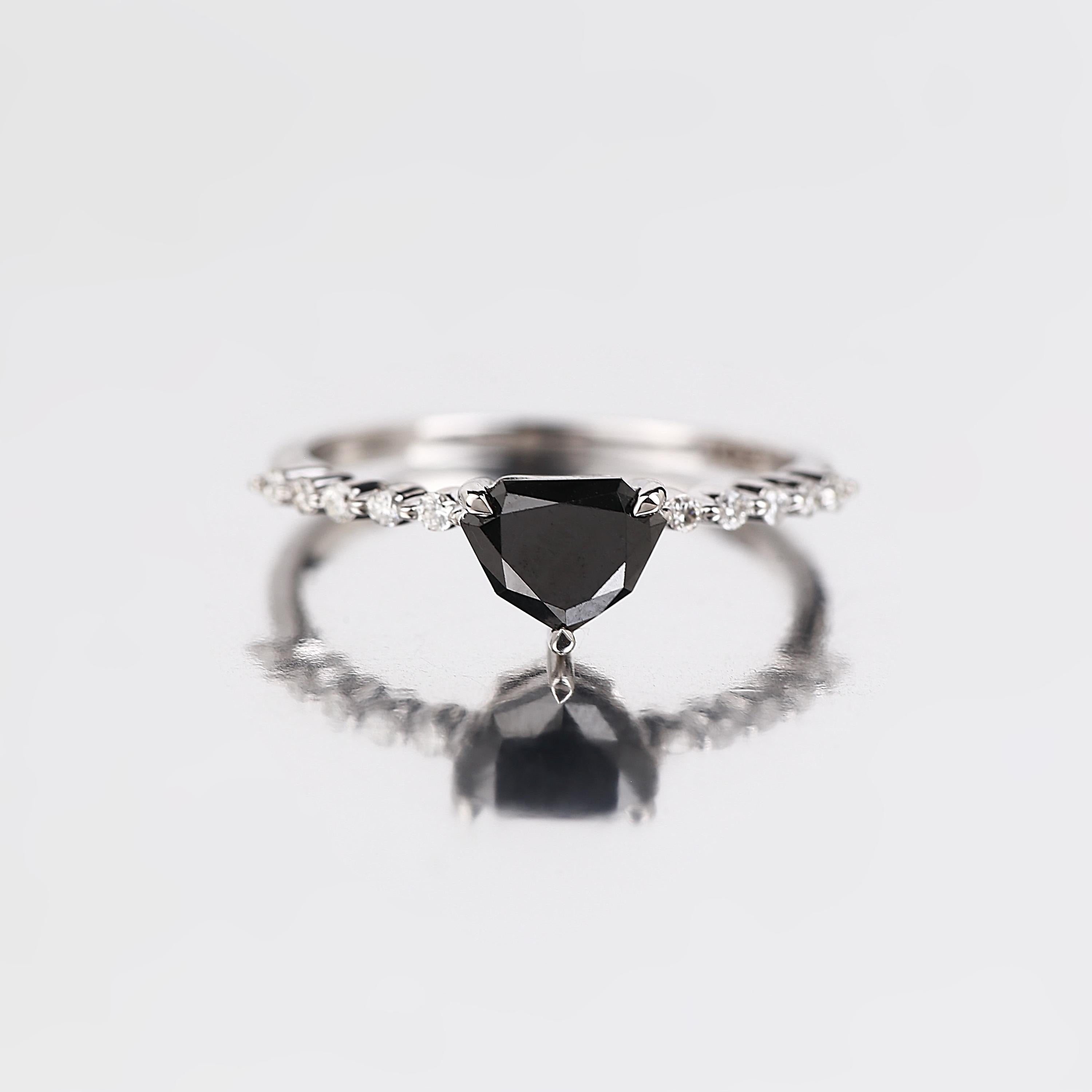 Shield Cut Black Diamond Ring, Natural Diamond 14K Rose Gold Minimalist Wedding Ring