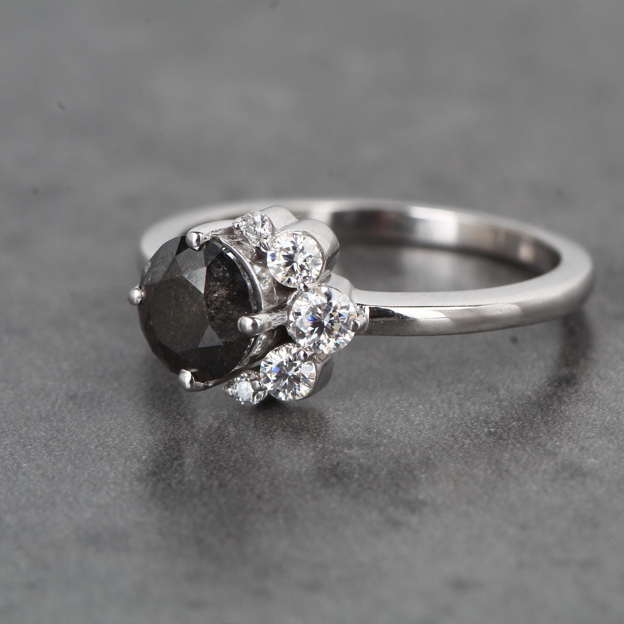 Round Cut Black Diamond Ring, Natural Diamond 14K White Gold Anniversary Ring