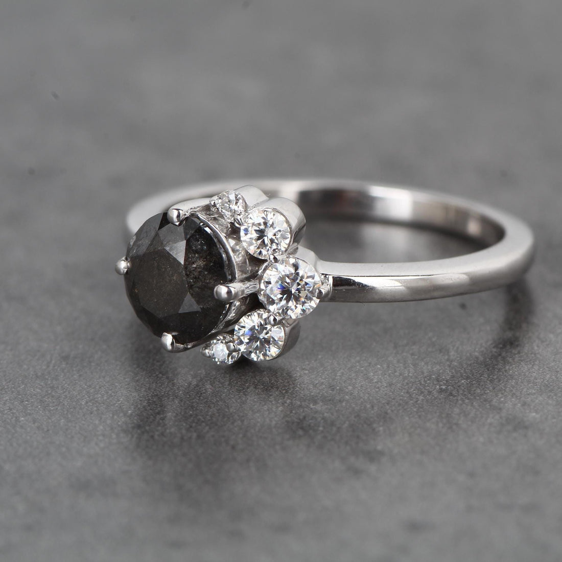 Round Cut Black Diamond Ring, Natural Diamond 14K White Gold Anniversary Ring