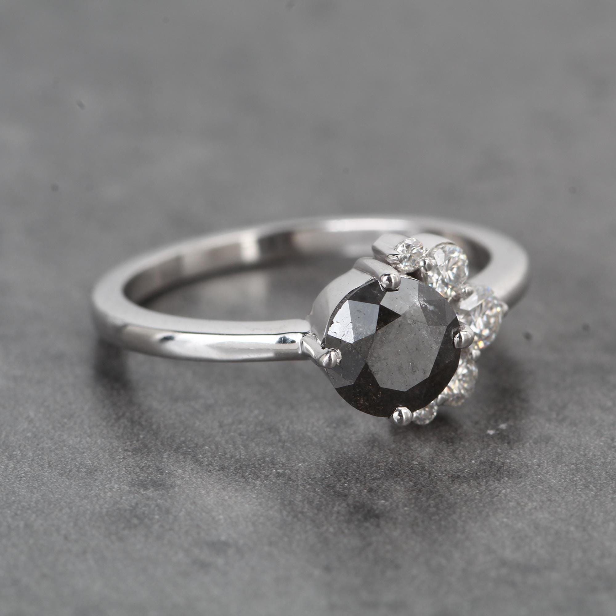 Round Cut Black Diamond Ring, Natural Diamond 14K White Gold Anniversary Ring