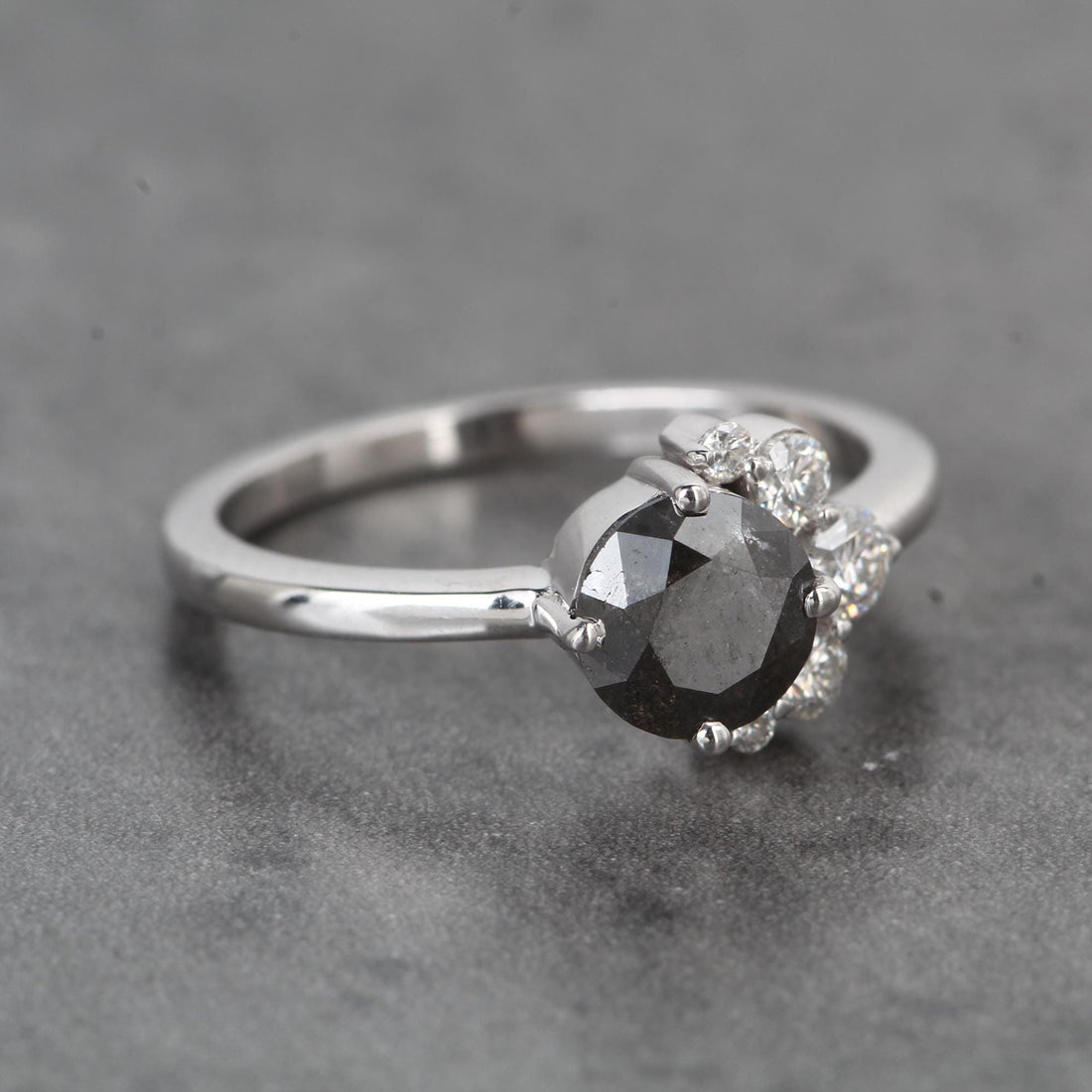 Round Cut Black Diamond Ring, Natural Diamond 14K White Gold Anniversary Ring