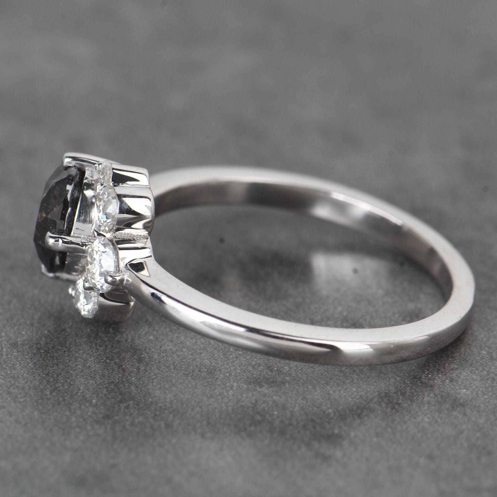Round Cut Black Diamond Ring, Natural Diamond 14K White Gold Anniversary Ring
