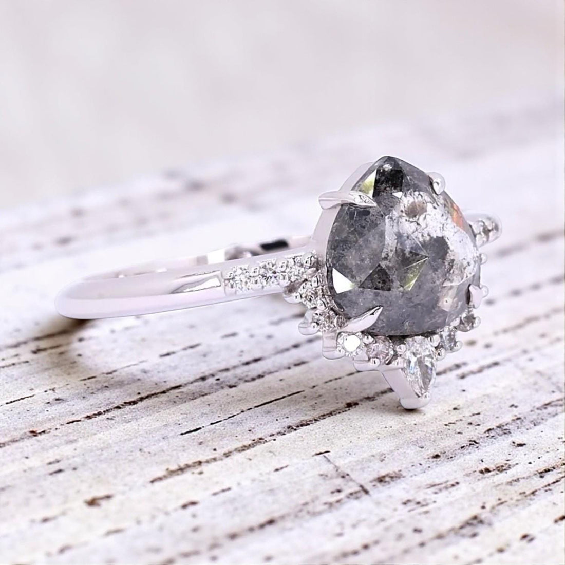 14K White Gold Grey Pear Cut Salt and Pepper Natural Diamond Engagement Ring