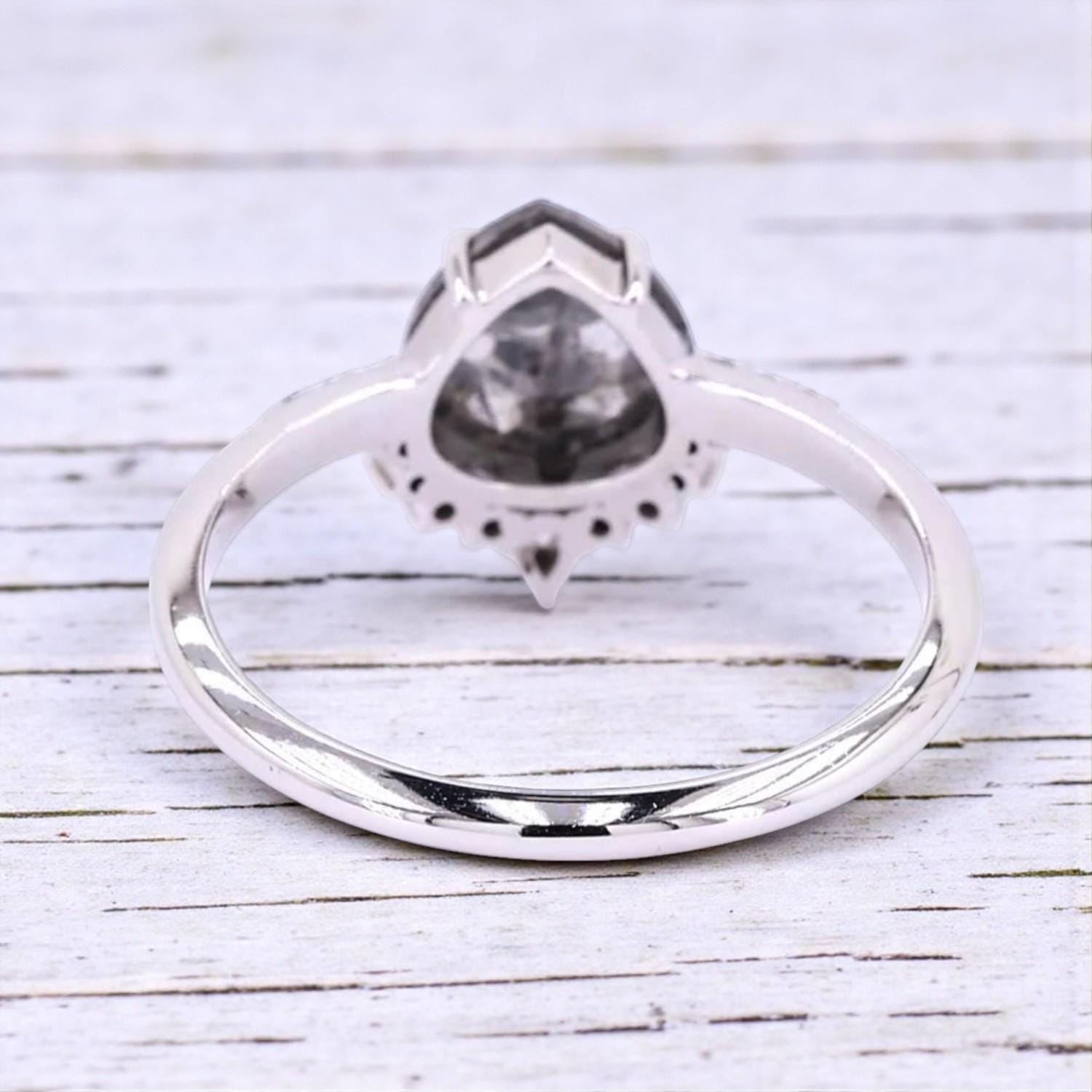 14K White Gold Grey Pear Cut Salt and Pepper Natural Diamond Engagement Ring