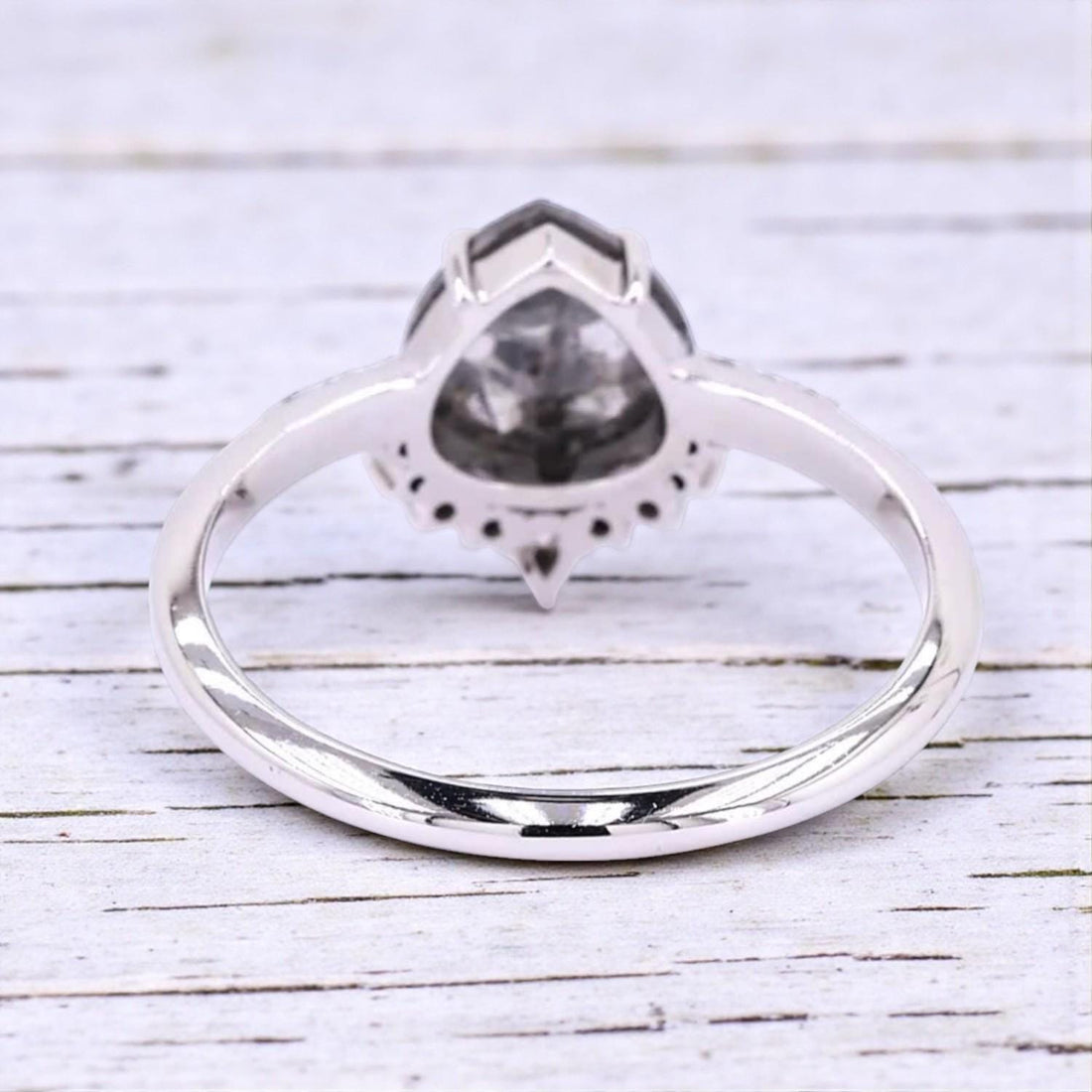 14K White Gold Grey Pear Cut Salt and Pepper Natural Diamond Engagement Ring