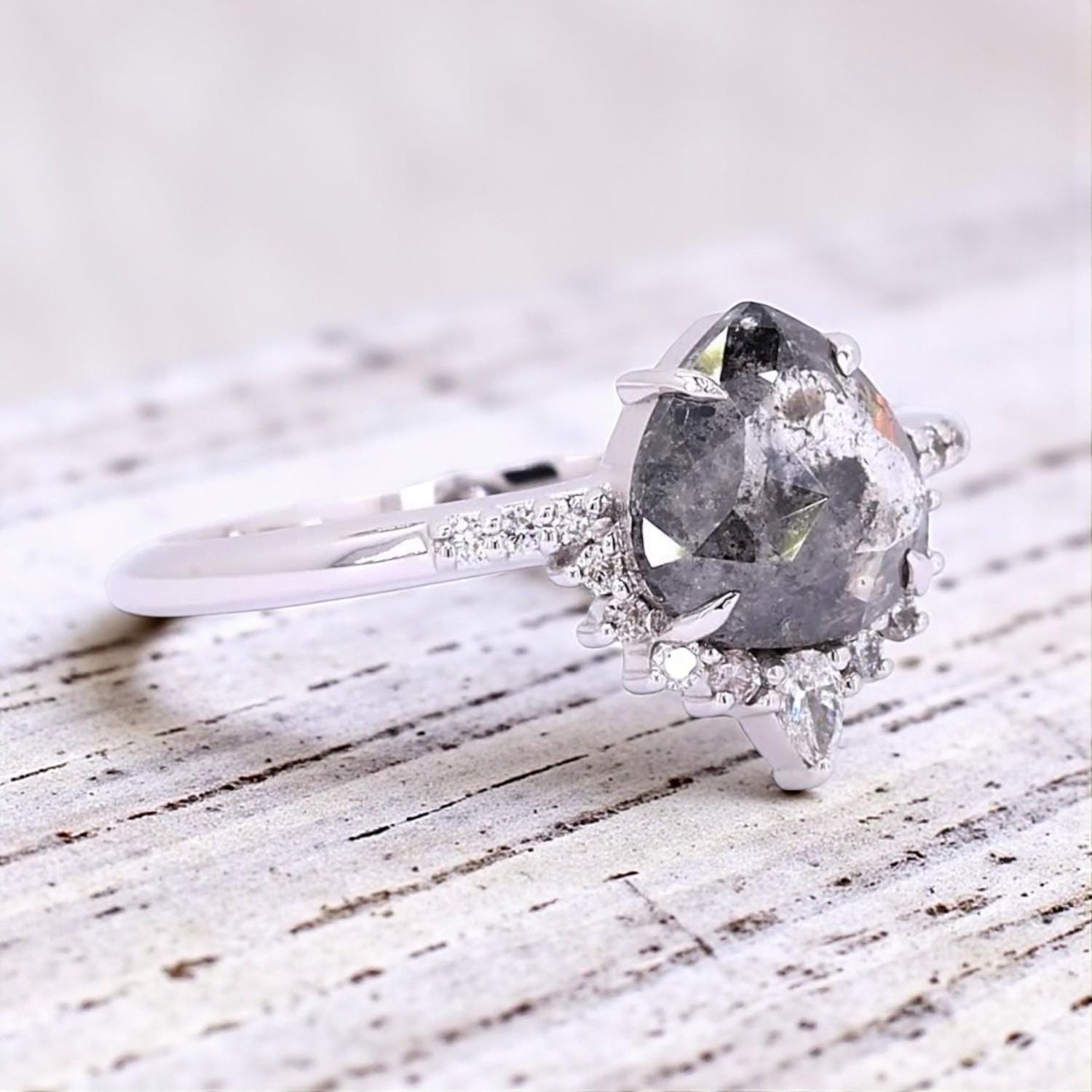 14K White Gold Grey Pear Cut Salt and Pepper Natural Diamond Engagement Ring