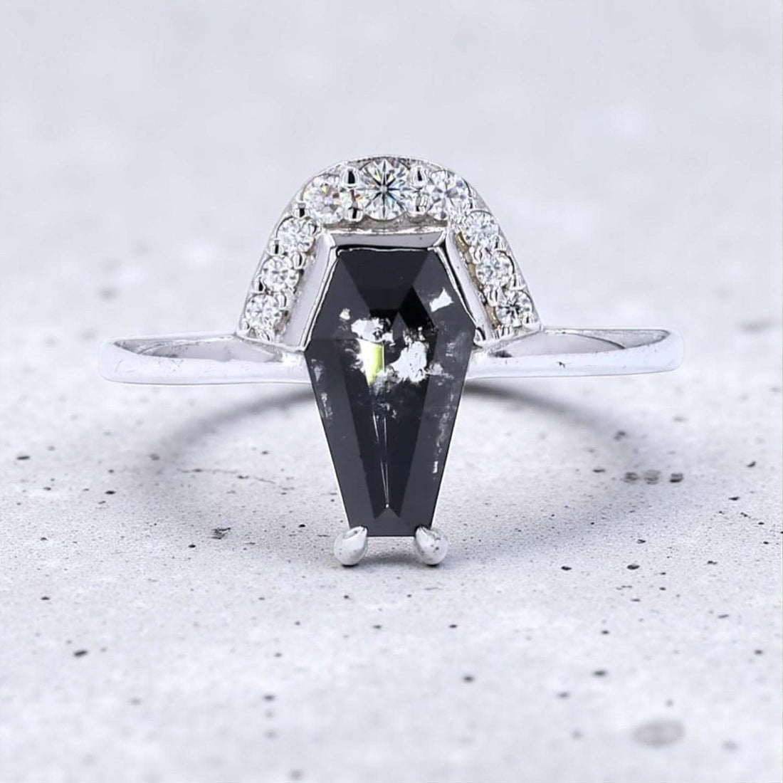 14K White Gold Grey Coffin Cut Salt and Pepper Natural Diamond Wedding Ring