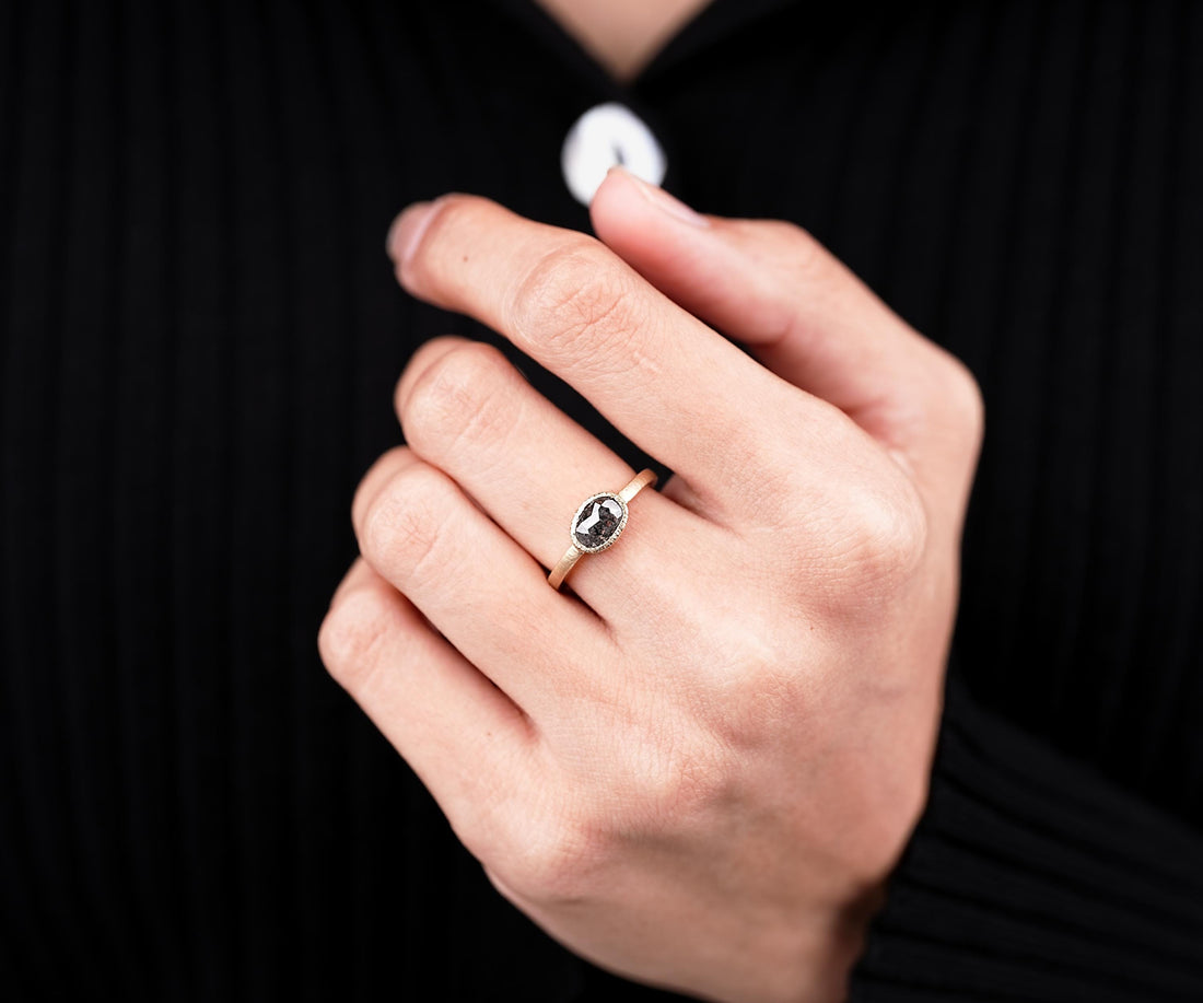 14K Solid Gold Oval Cut Grey Salt & Pepper Natural Diamond For Anniversary Ring
