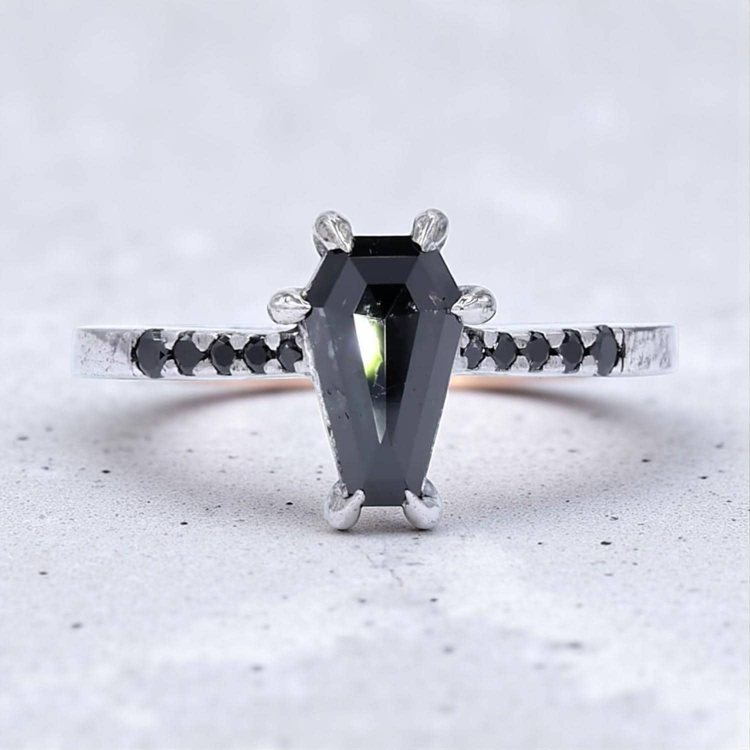 14K White Gold Grey Coffin Cut Salt and Pepper Natural Diamond Anniversary Ring