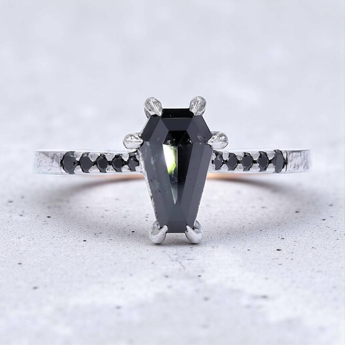 14K White Gold Grey Coffin Cut Salt and Pepper Natural Diamond Anniversary Ring