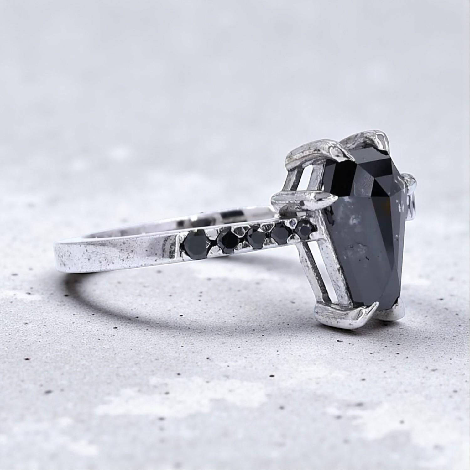 14K White Gold Grey Coffin Cut Salt and Pepper Natural Diamond Anniversary Ring