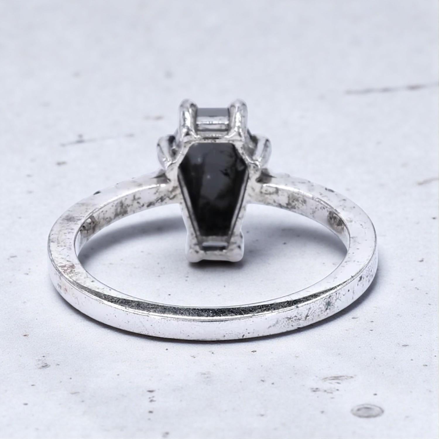 14K White Gold Grey Coffin Cut Salt and Pepper Natural Diamond Anniversary Ring