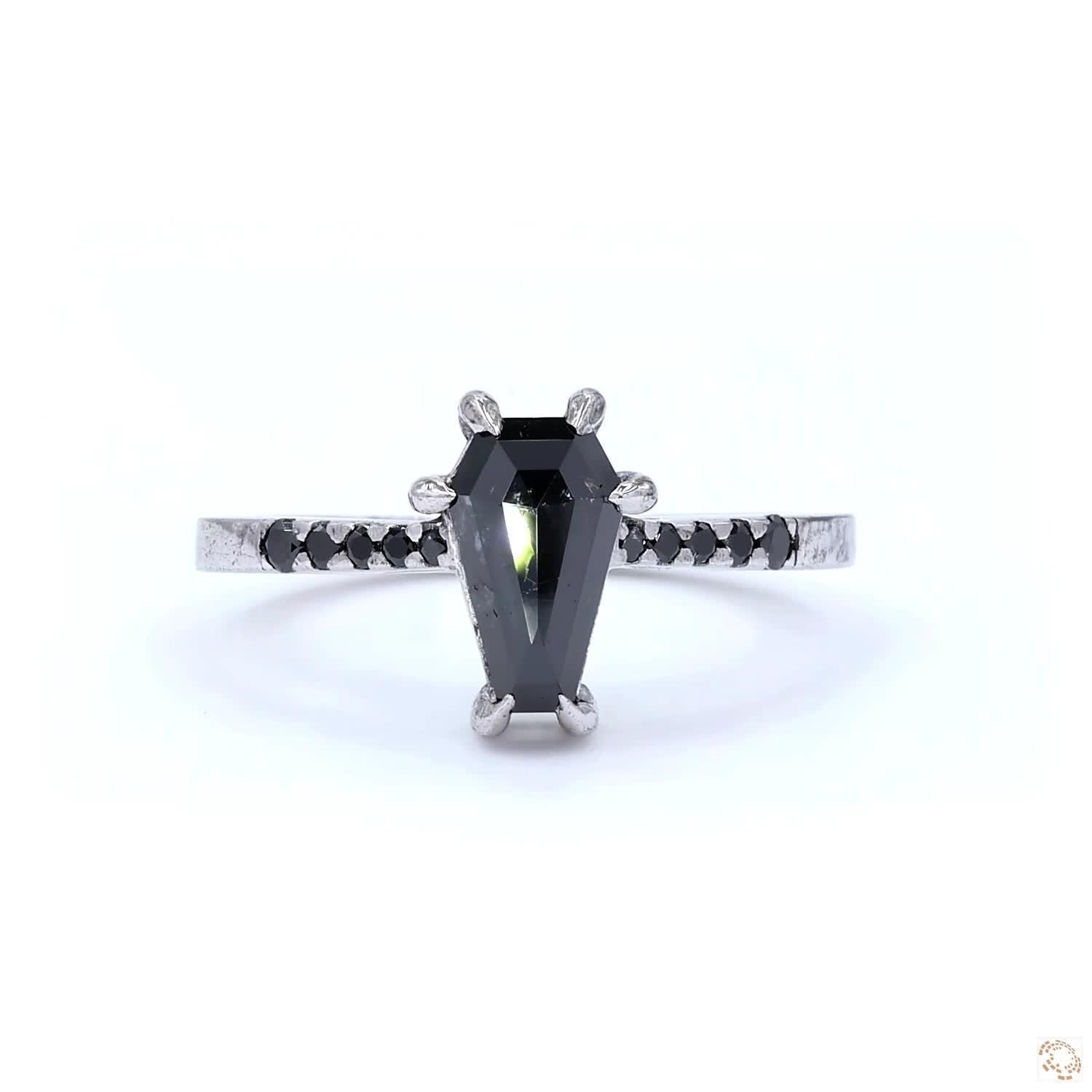 14K White Gold Grey Coffin Cut Salt and Pepper Natural Diamond Anniversary Ring