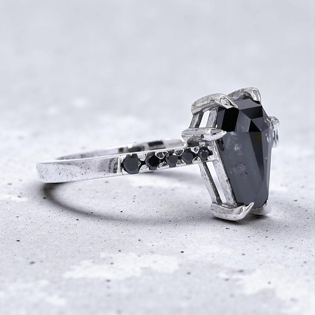 14K White Gold Grey Coffin Cut Salt and Pepper Natural Diamond Anniversary Ring