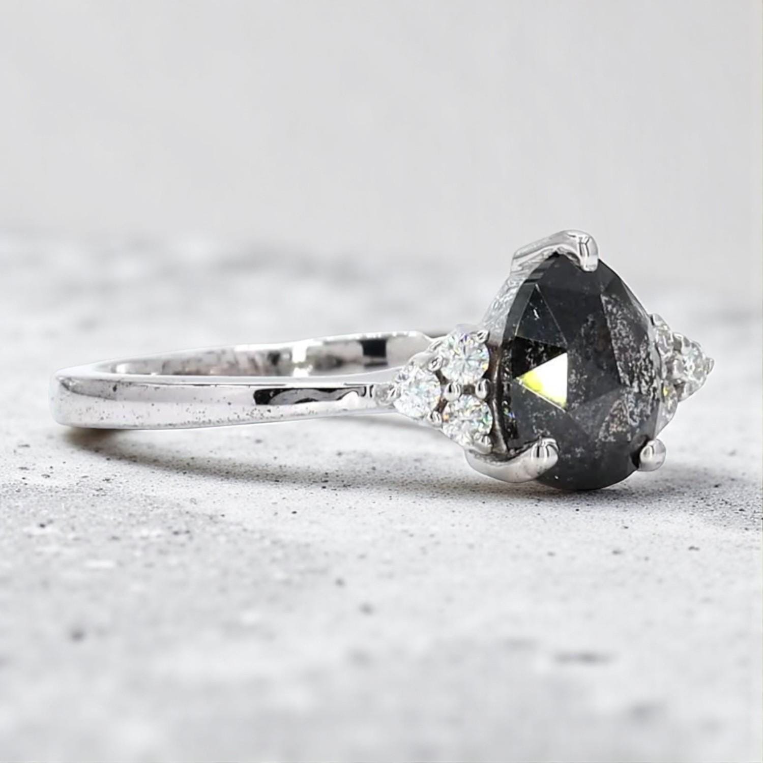 14K White Gold Grey Pear Cut Salt and Pepper Natural Galaxy Diamond Promise Ring