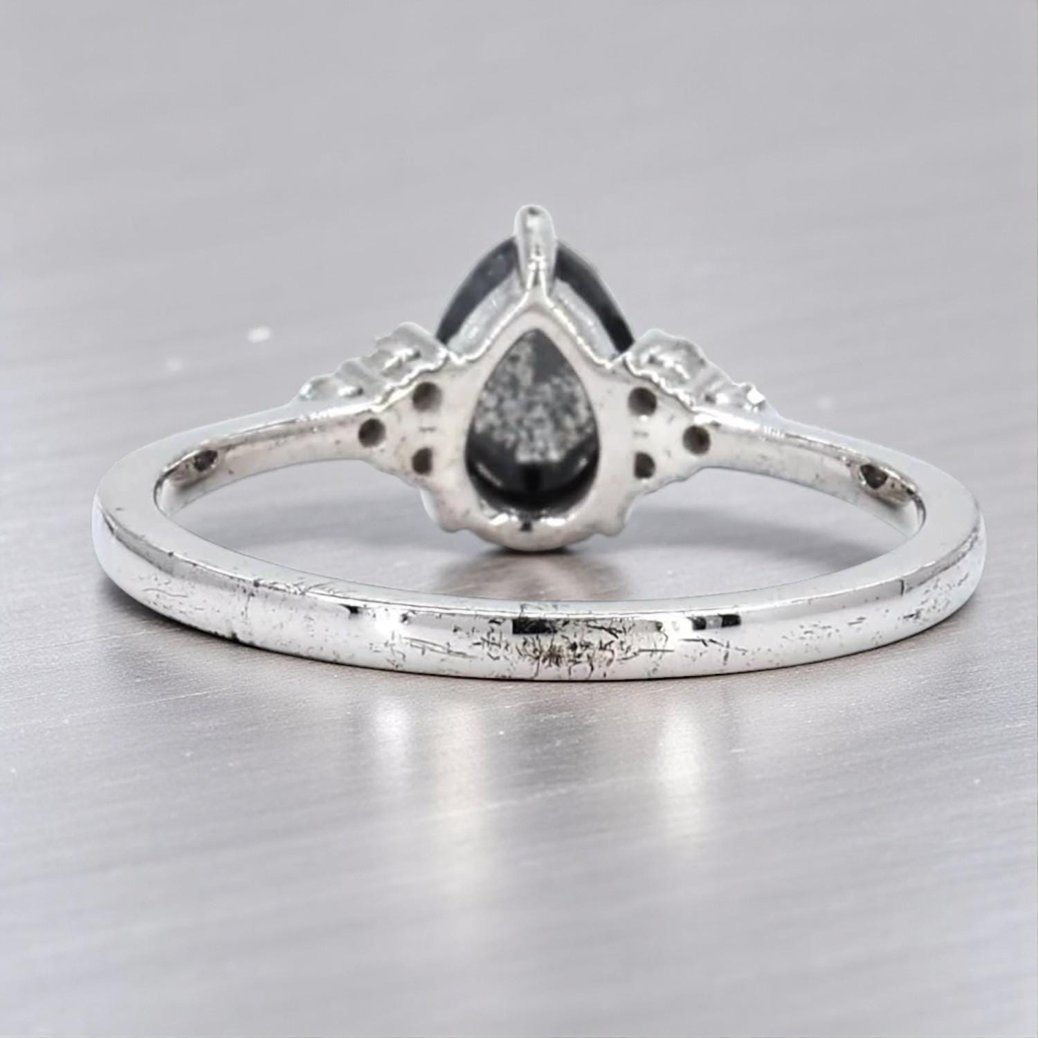 14K White Gold Grey Pear Cut Salt and Pepper Natural Galaxy Diamond Promise Ring