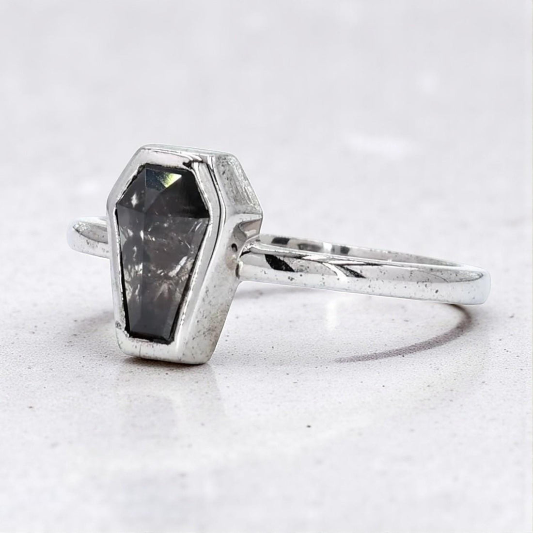 Grey Salt And Pepper 14K Rose Solid Gold Coffin Natural Diamond For Wedding Ring