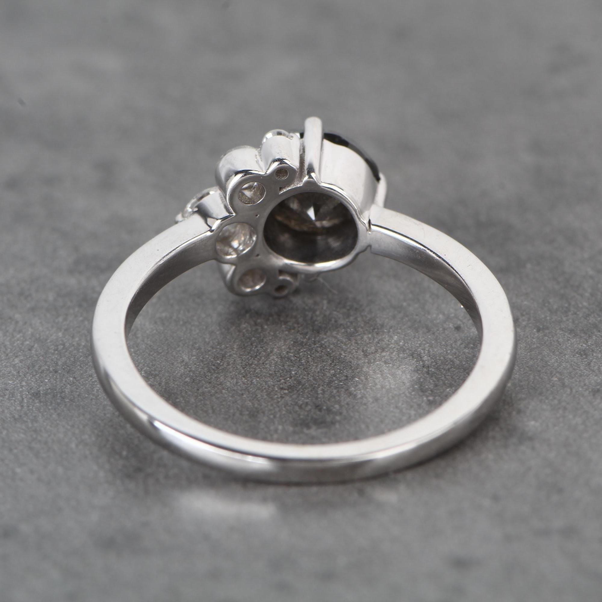 Round Cut Black Diamond Ring, Natural Diamond 14K White Gold Anniversary Ring