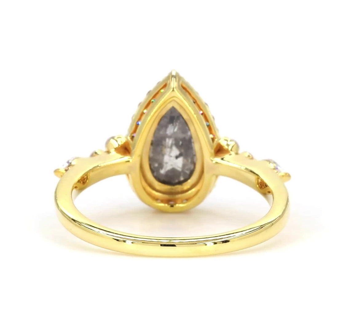 14K Yellow Gold Grey Salt and Pepper Pear Cut Natural Diamond Engagement Ring