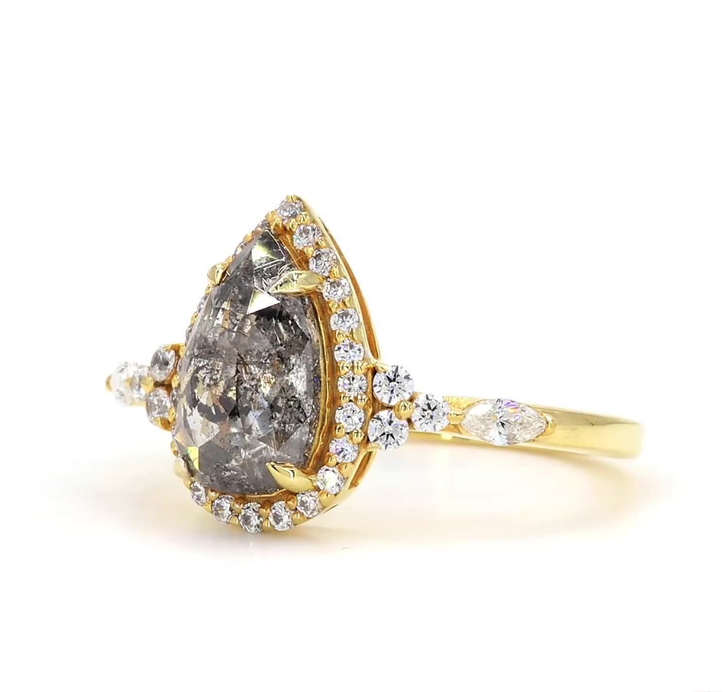 14K Yellow Gold Grey Salt and Pepper Pear Cut Natural Diamond Engagement Ring