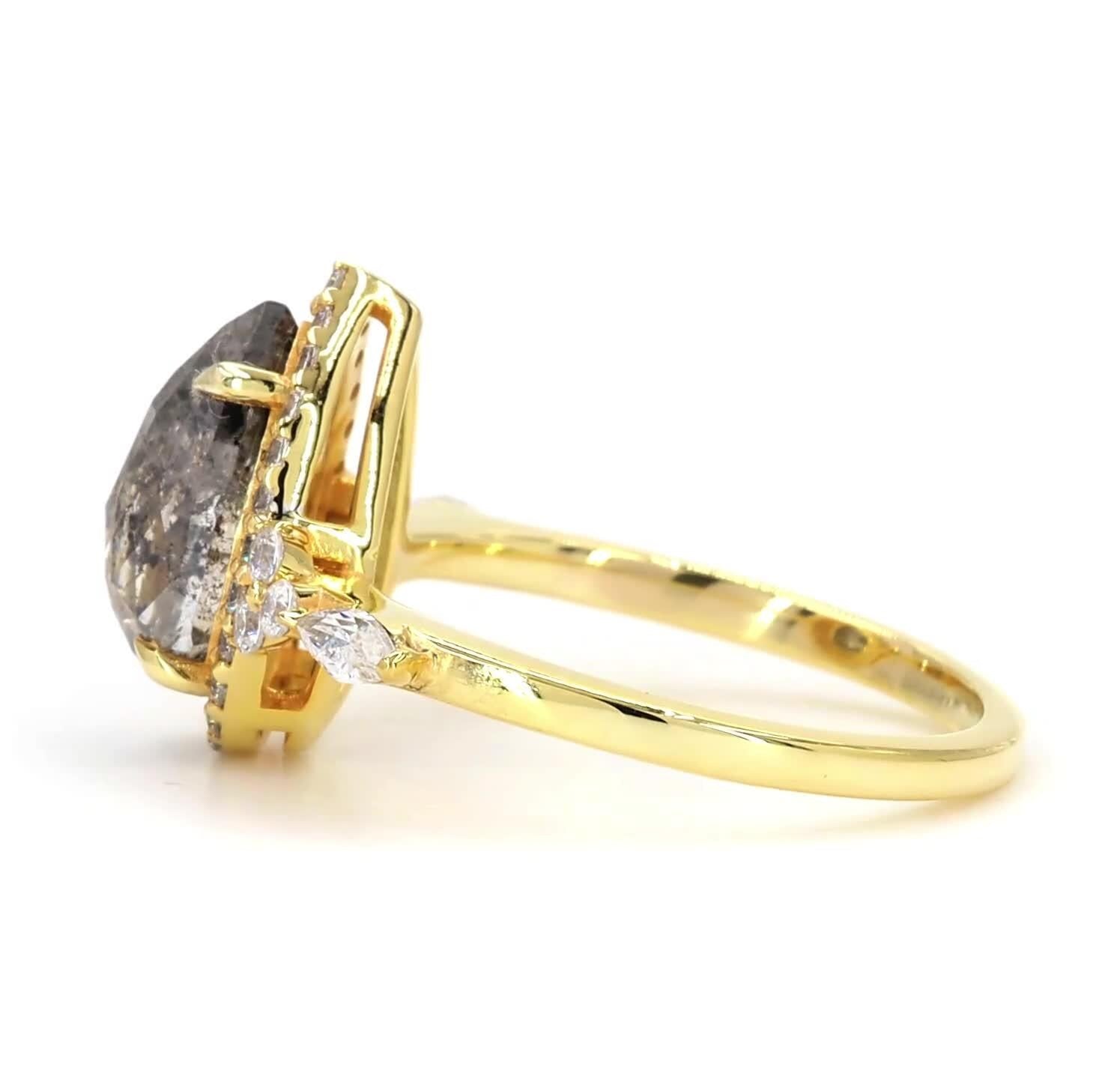 14K Yellow Gold Grey Salt and Pepper Pear Cut Natural Diamond Engagement Ring