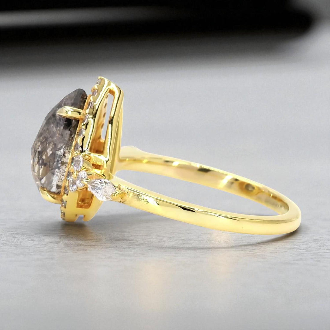 14K Yellow Gold Grey Salt and Pepper Pear Cut Natural Diamond Engagement Ring