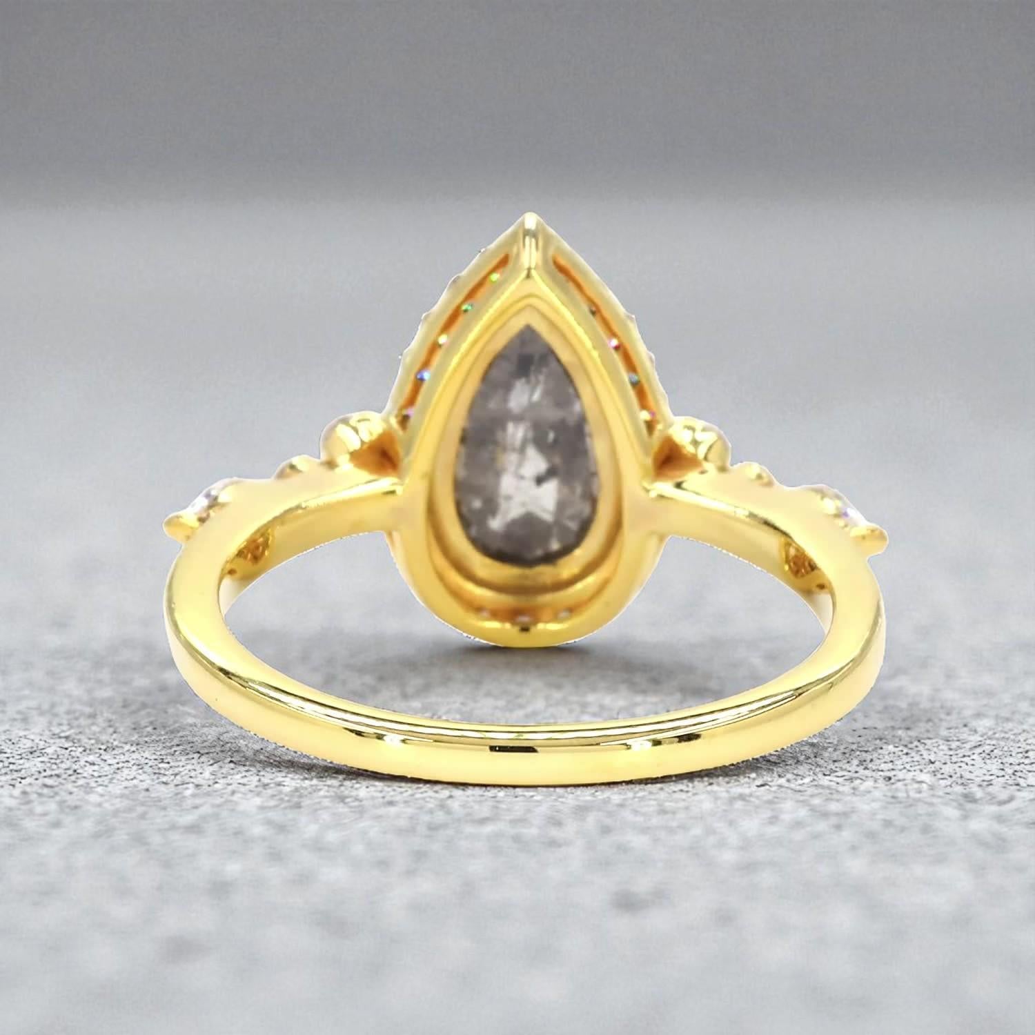 14K Yellow Gold Grey Salt and Pepper Pear Cut Natural Diamond Engagement Ring