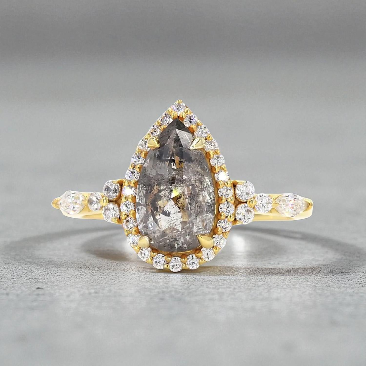 14K Yellow Gold Grey Salt and Pepper Pear Cut Natural Diamond Engagement Ring
