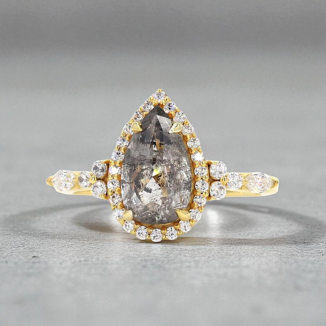 14K Yellow Gold Grey Salt and Pepper Pear Cut Natural Diamond Engagement Ring