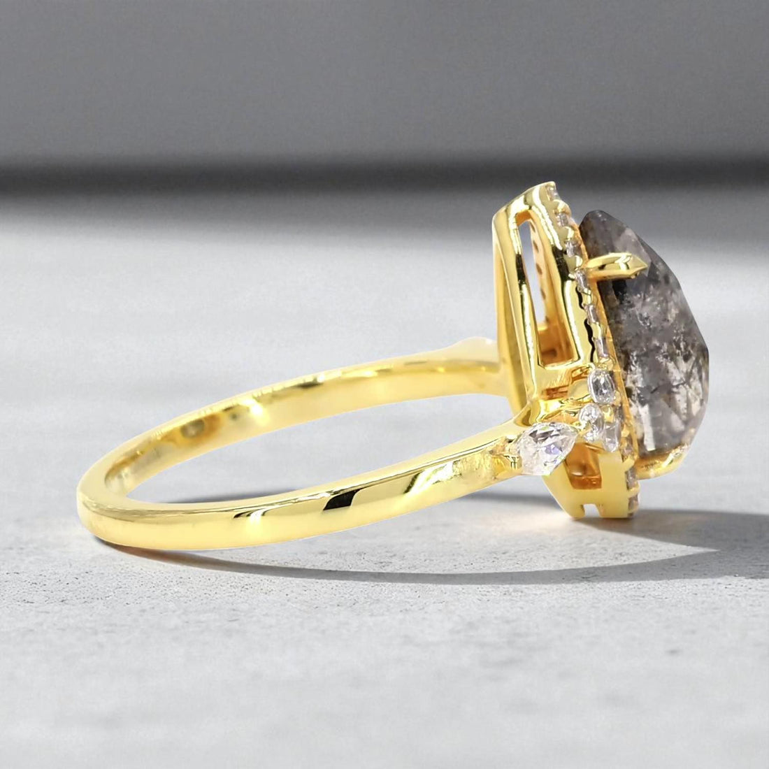 14K Yellow Gold Grey Salt and Pepper Pear Cut Natural Diamond Engagement Ring