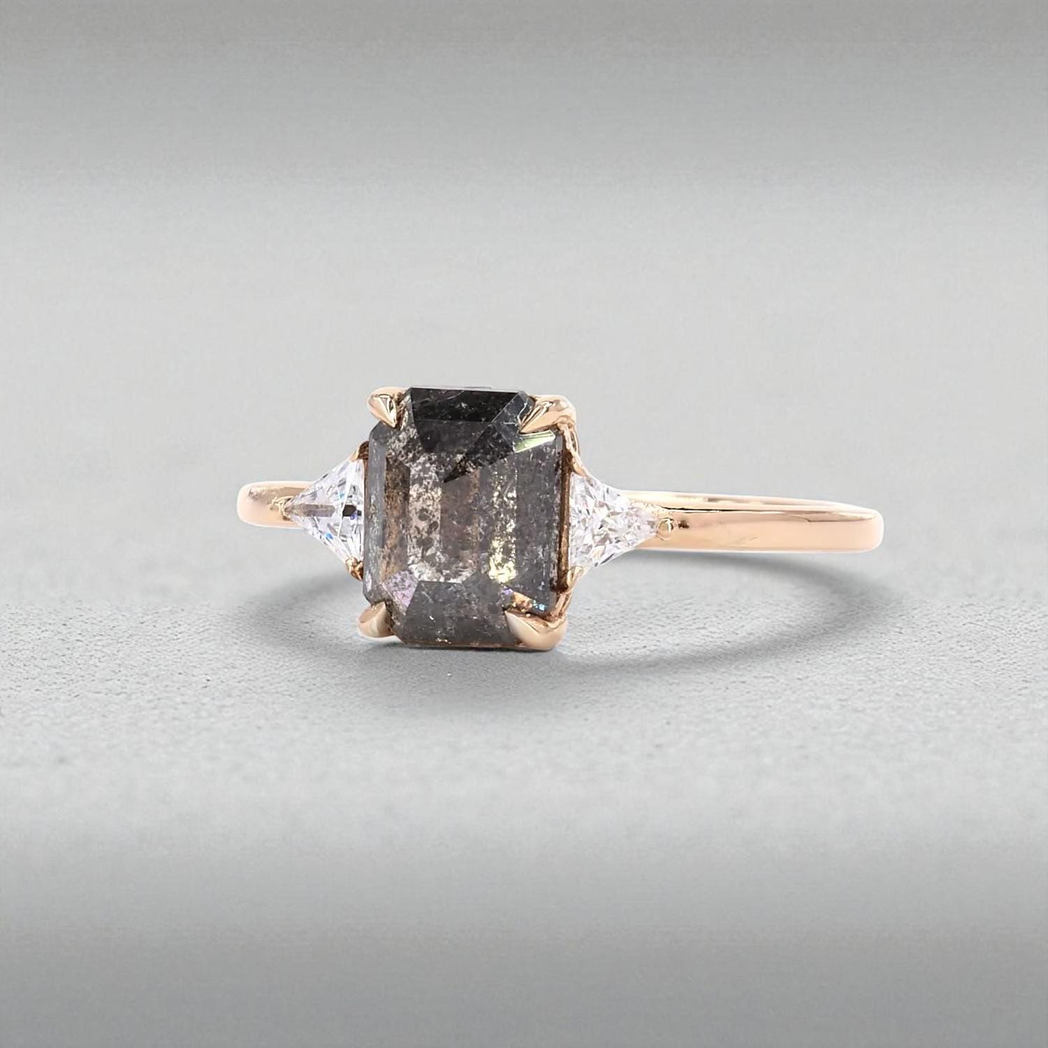 14K Rose Gold Grey Salt and Pepper Emerald Cut Natural Diamond Promise Ring