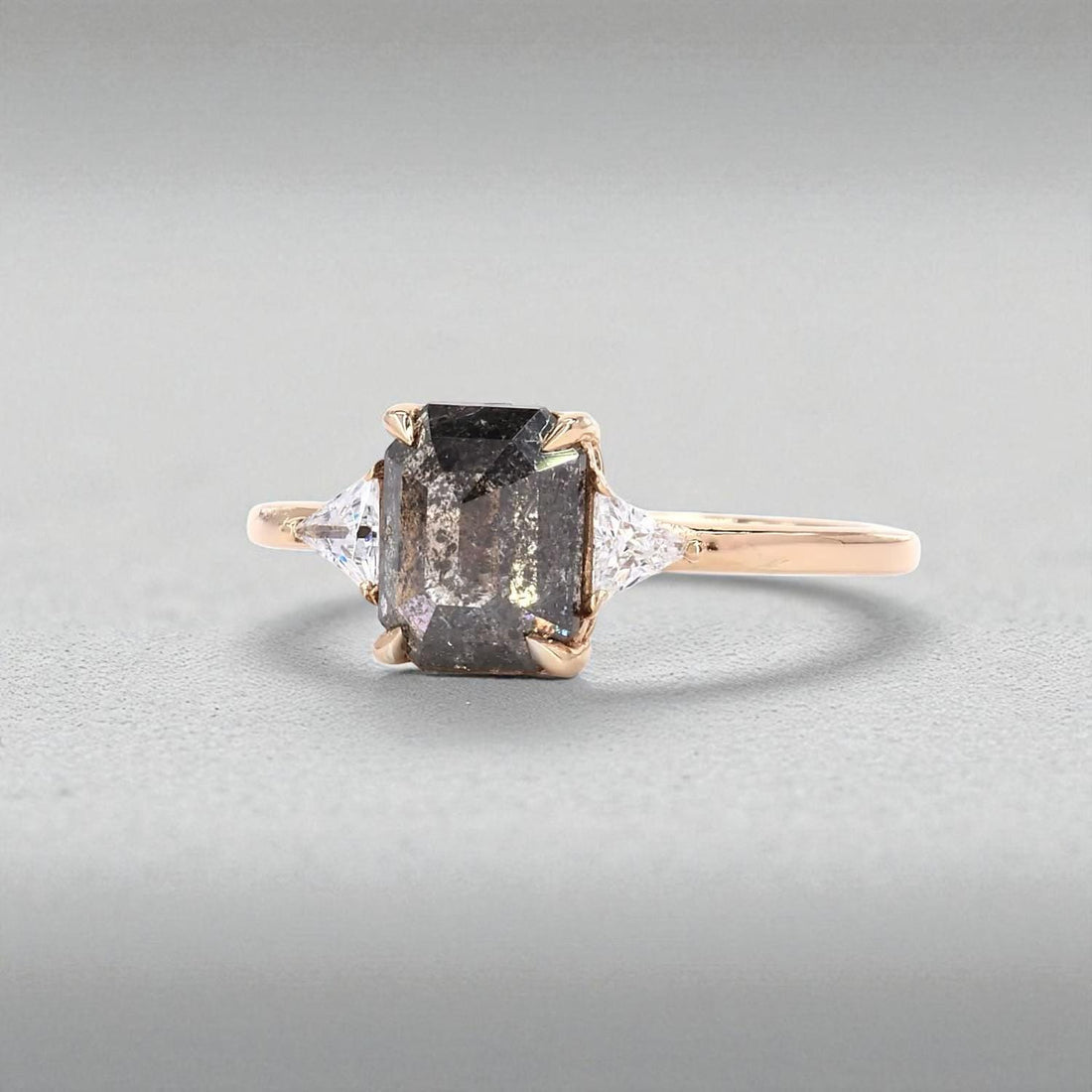 14K Rose Gold Grey Salt and Pepper Emerald Cut Natural Diamond Promise Ring