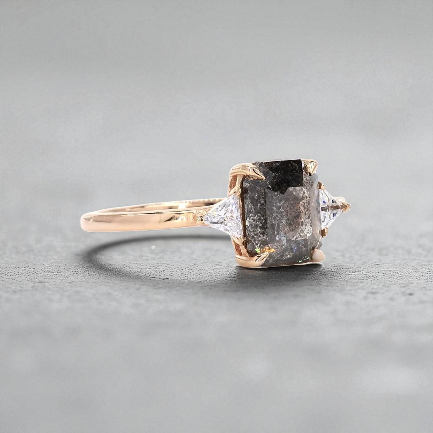 14K Rose Gold Grey Salt and Pepper Emerald Cut Natural Diamond Promise Ring