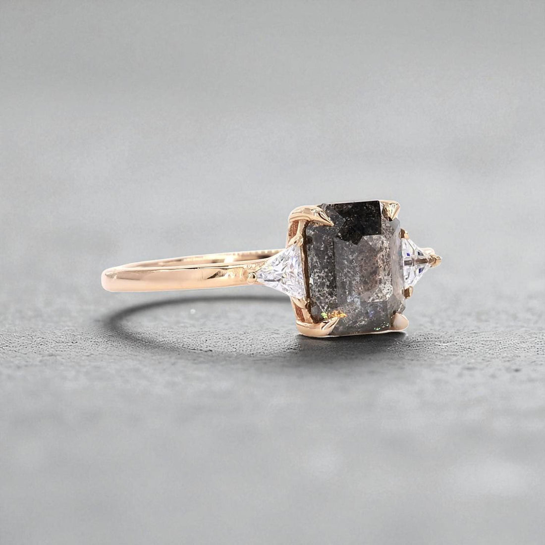14K Rose Gold Grey Salt and Pepper Emerald Cut Natural Diamond Promise Ring