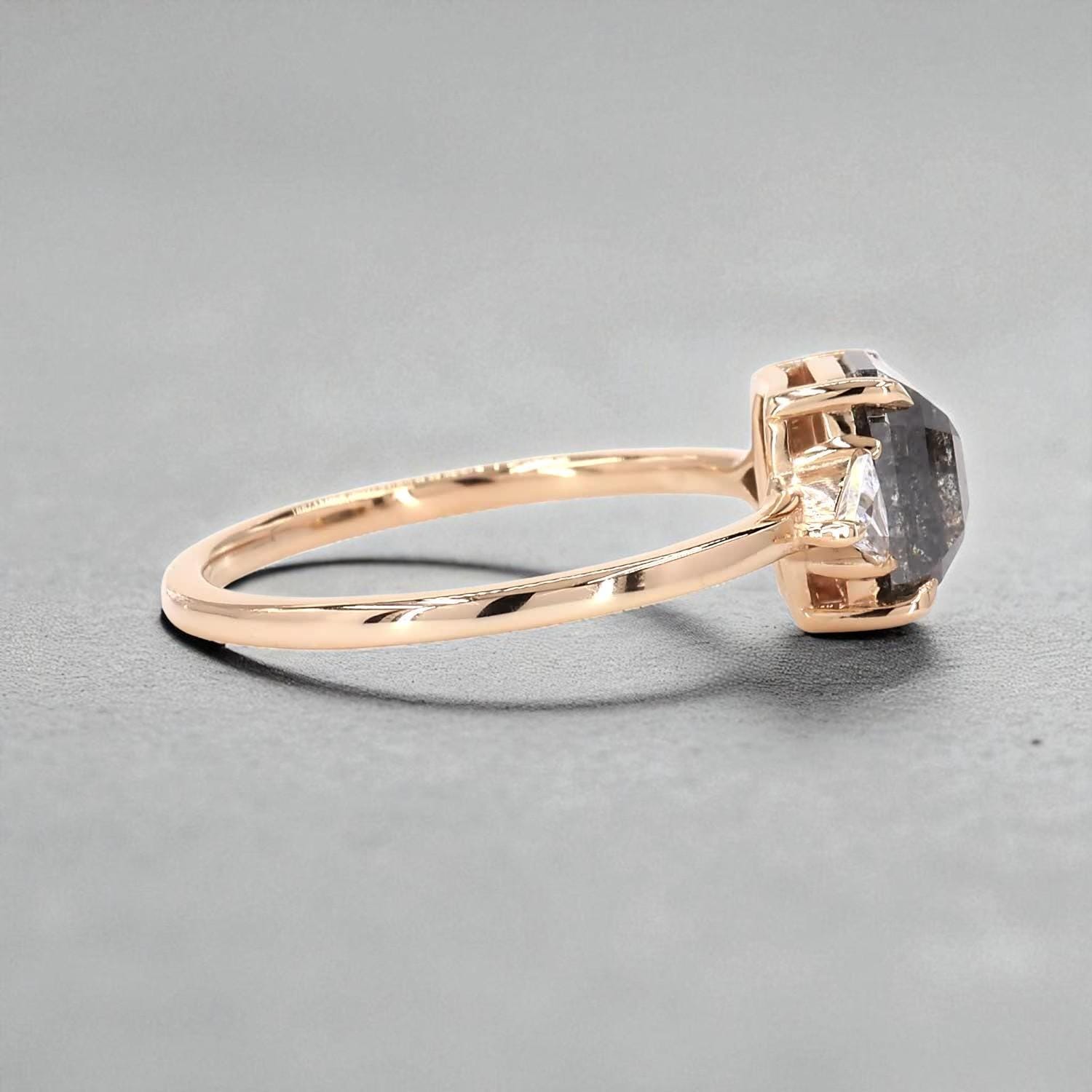 14K Rose Gold Grey Salt and Pepper Emerald Cut Natural Diamond Promise Ring
