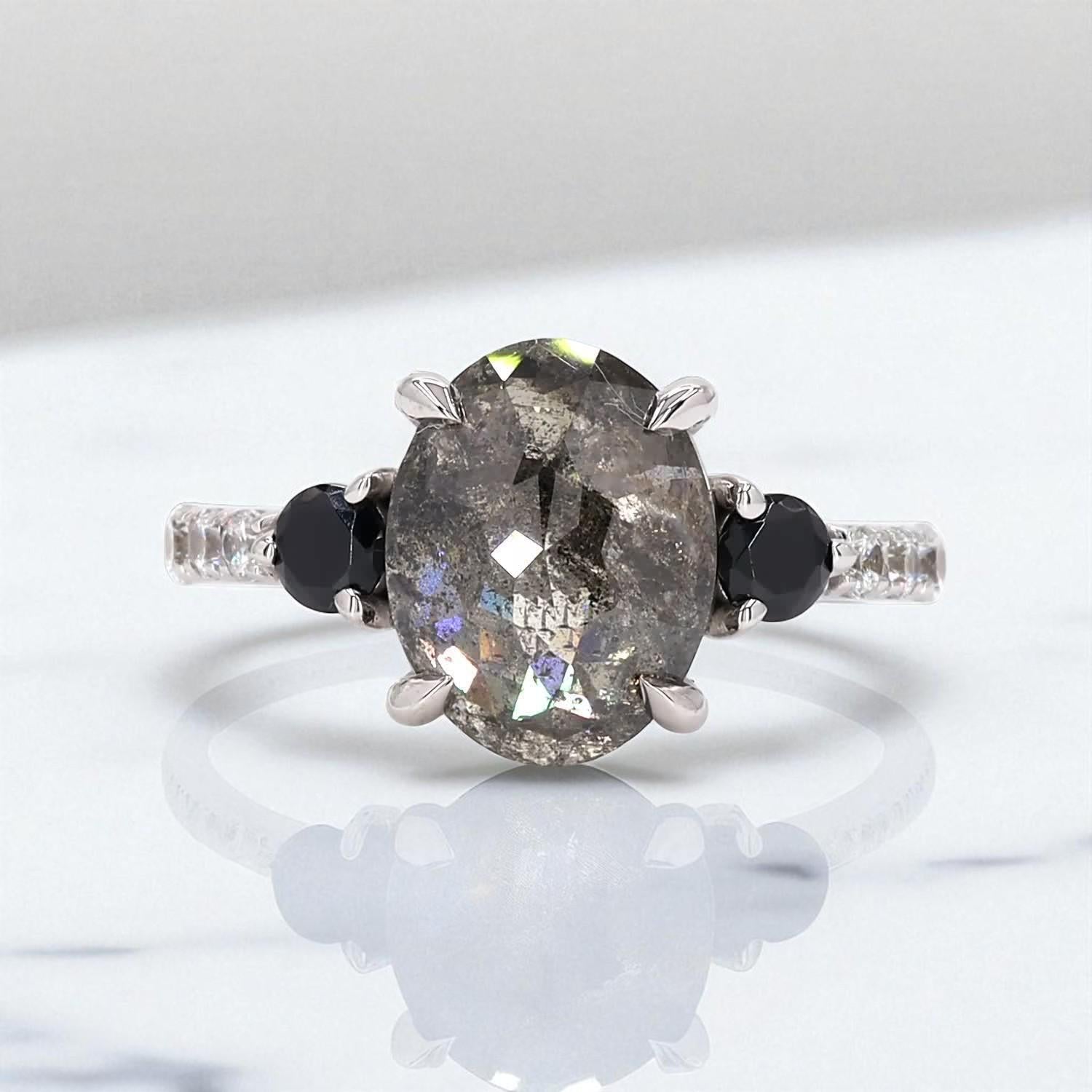 14K White Gold Grey Salt and Pepper Oval Cut Natural Diamond Anniversary Ring