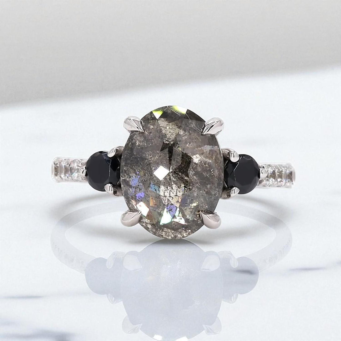 14K White Gold Grey Salt and Pepper Oval Cut Natural Diamond Anniversary Ring