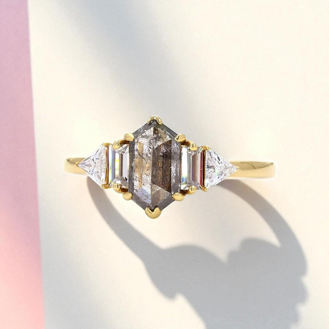 14K Yellow Gold Grey Salt and Pepper Hexagon Cut Natural Diamond Anniversary Ring