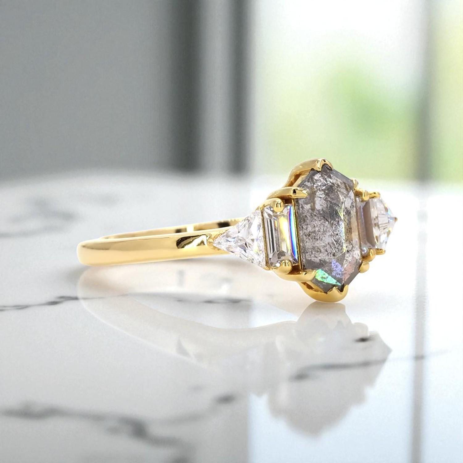 14K Yellow Gold Grey Salt and Pepper Hexagon Cut Natural Diamond Anniversary Ring