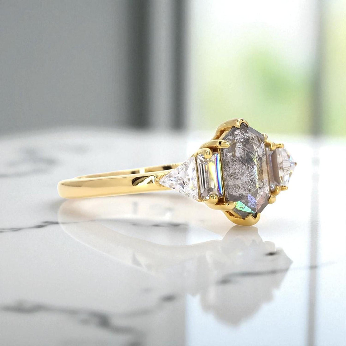 14K Yellow Gold Grey Salt and Pepper Hexagon Cut Natural Diamond Anniversary Ring