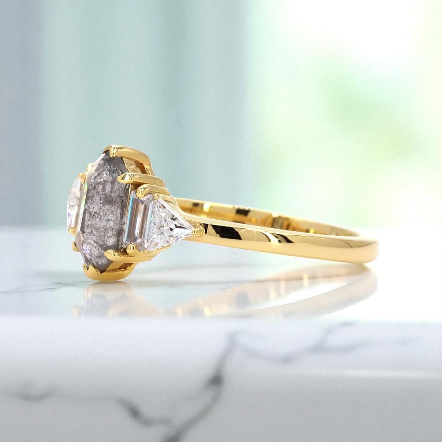 14K Yellow Gold Grey Salt and Pepper Hexagon Cut Natural Diamond Anniversary Ring
