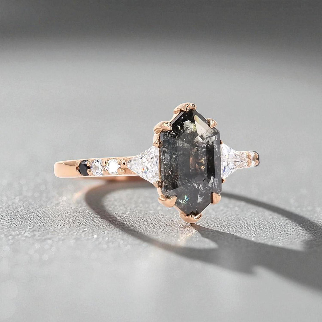 14K Rose Gold Grey Salt and Pepper Hexagon Cut Natural Diamond Pave Ring