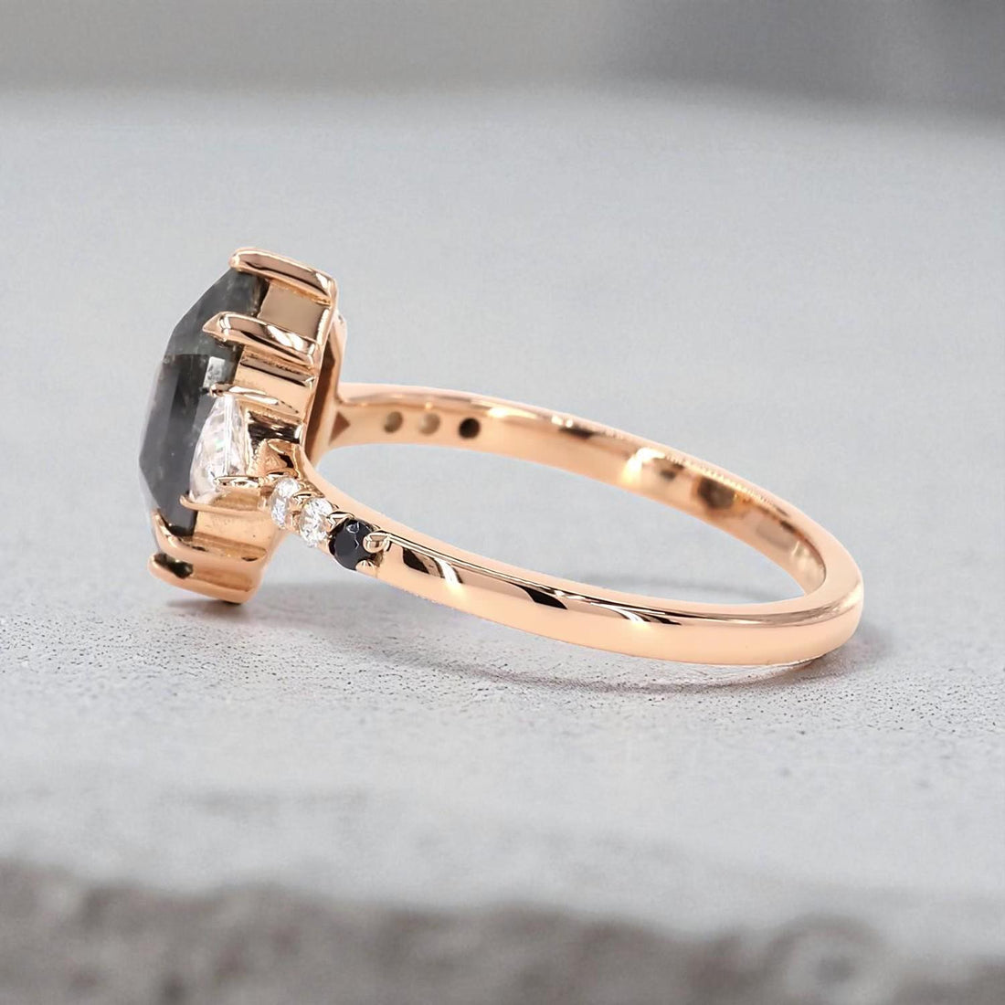 14K Rose Gold Grey Salt and Pepper Hexagon Cut Natural Diamond Pave Ring