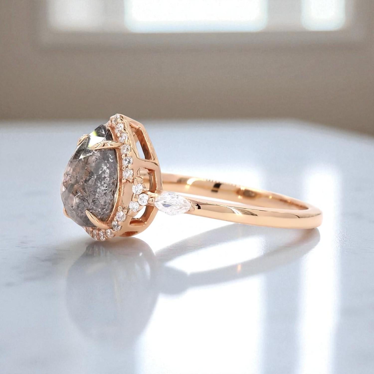 14K Rose Gold Grey Salt and Pepper Pear Cut Natural Diamond Alternative Engagement Ring