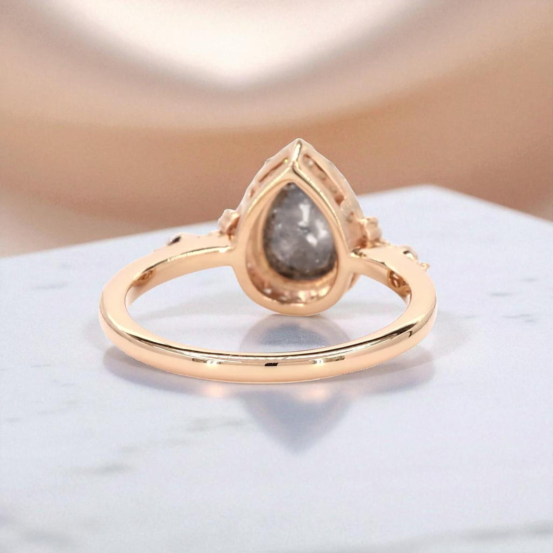 14K Rose Gold Grey Salt and Pepper Pear Cut Natural Diamond Alternative Engagement Ring