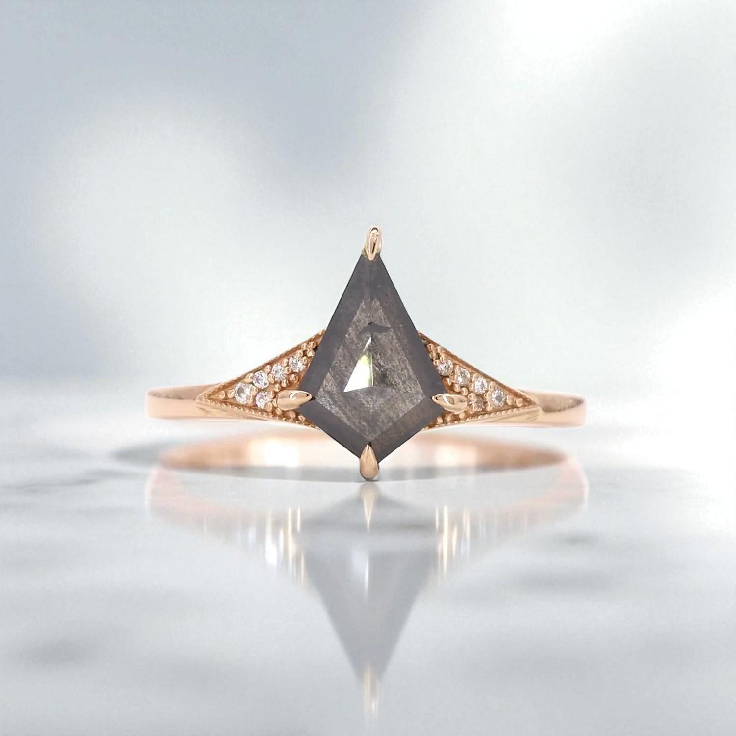 14K Rose Gold Grey Salt and Pepper Kite Cut Natural Diamond Handmade Engagement Ring
