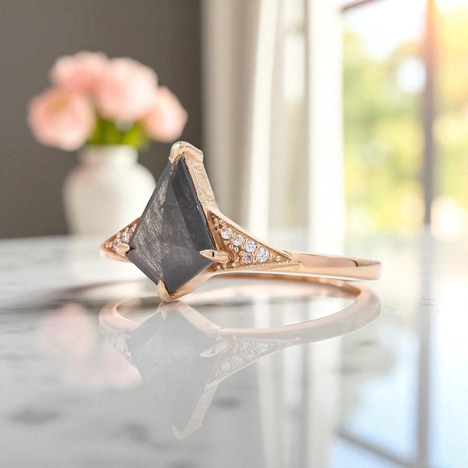 14K Rose Gold Grey Salt and Pepper Kite Cut Natural Diamond Handmade Engagement Ring
