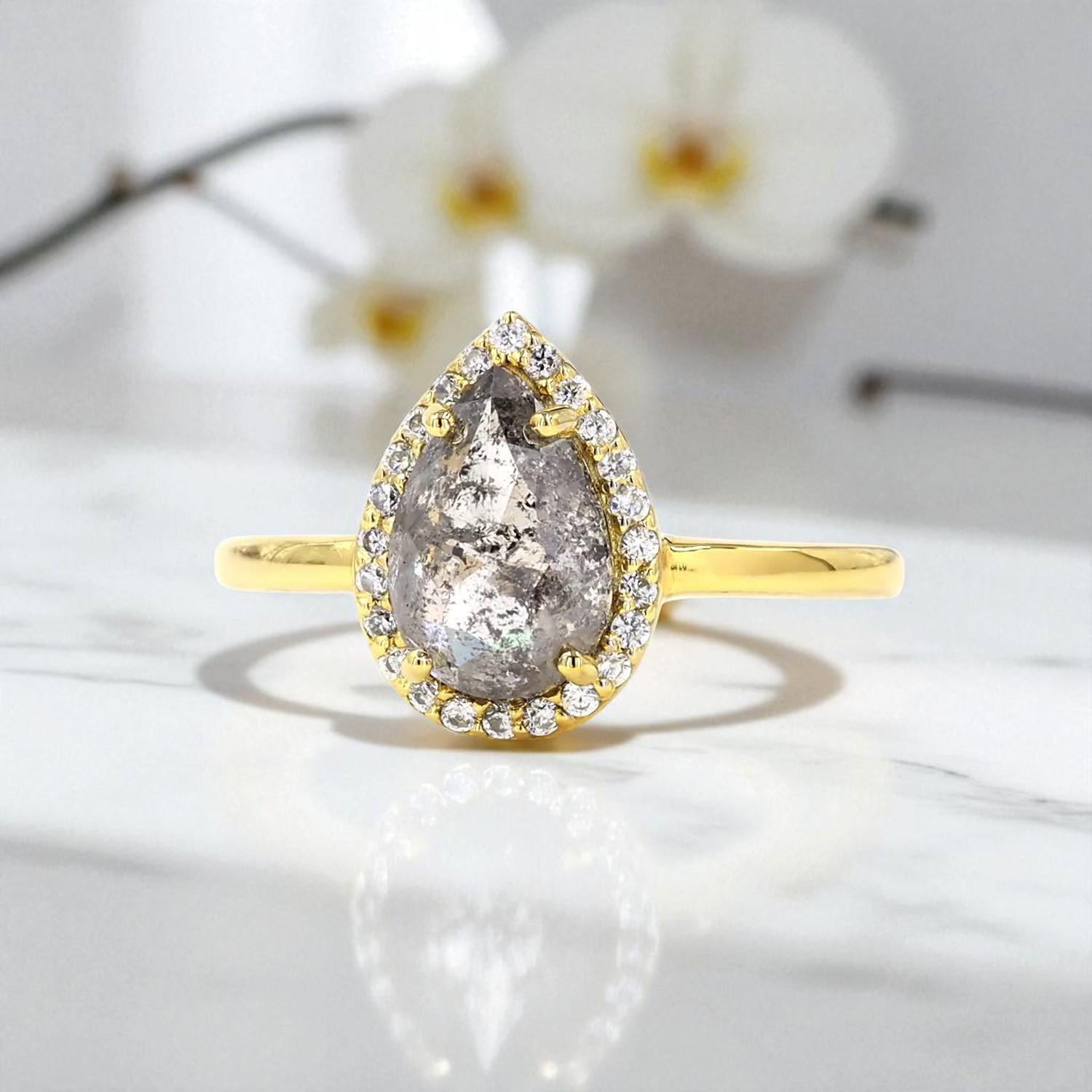 14K Yellow Gold Grey Salt and Pepper Pear Cut Natural Diamond Anniversary Ring